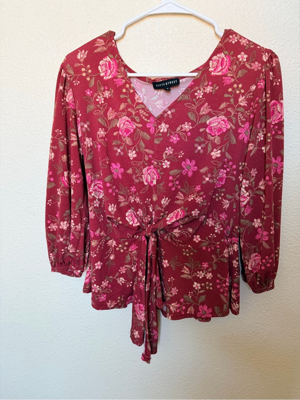 Fifty Street Raspberry Pink Floral Tie-Waist V-Neck Blouse